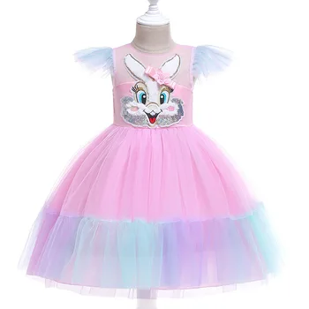 

2019 New Fashion Girl Summer Clothes Princess Rabbit with Lotus Leaf Sleeve Long Sleeve Girls Lace Princess Dress