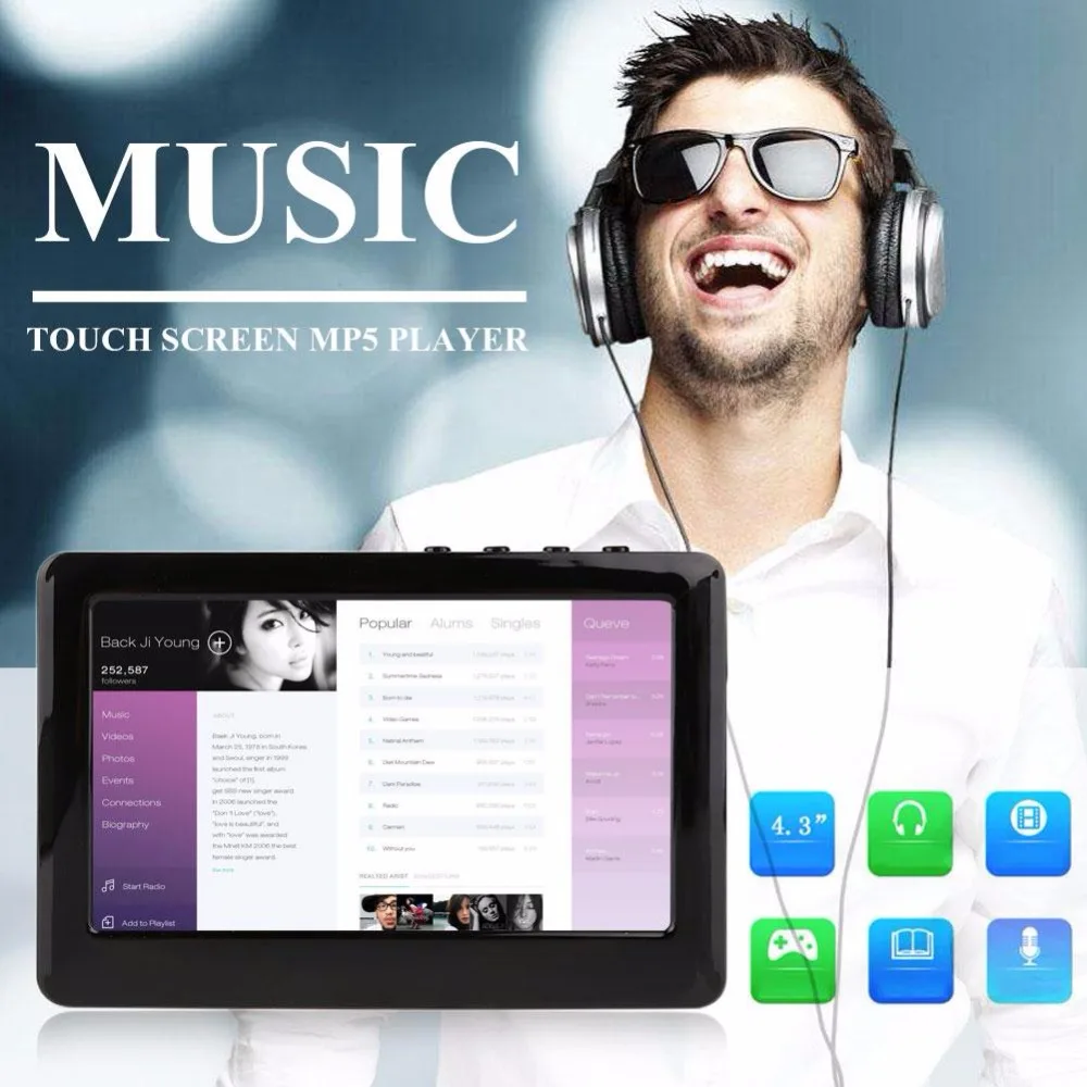 BCMaster Мини 4 3 дюймов Премиум Портативный ЕС Plug HD сенсорный экран 8 Гб MP3 MP4 MP5 плеер