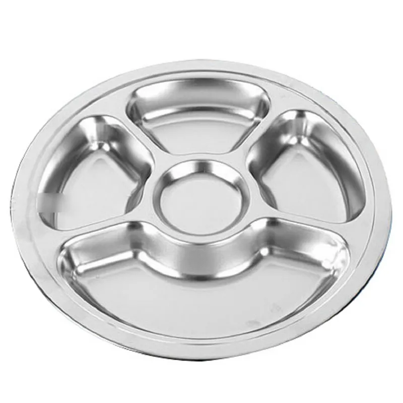 1pcs Stainless Steel Students Grid Dinner Plate Dinnerware Round Plate