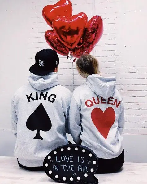  2019 Women Men Girlfriend Boyfriend Matching Lovers Hooded Hoodies Women Men Poker King Queen Print