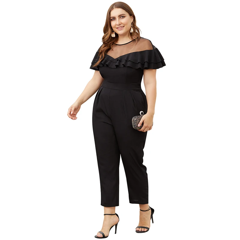 Diwish Women Summer Black Jumpsuit Ruffle Patchwork Mesh Jumpsuit Short Sleeve Plus Size Jumpsuits Ladies Jumpsuits XL-4XL Diwish Women Summer Black Jumpsuit Ruffle Patchwork Mesh Jumpsuit Short Sleeve Plus Size Jumpsuits Ladies Jumpsuits XL-4XL