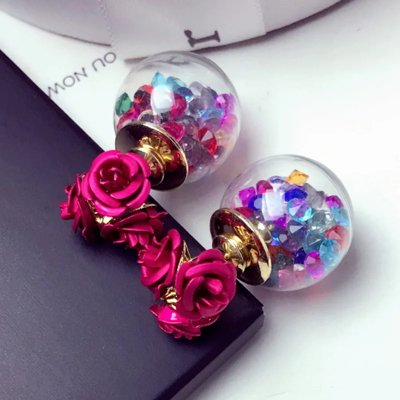 1Pair Fashion Cute Women Girls Elegant Exquisite Ear Stud Zircon Crystal Three Rose Flowers glass ball Double Sides Earrings