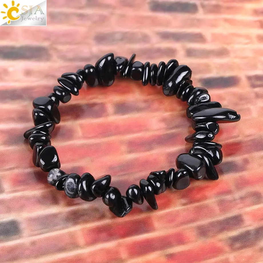 CSJA натуральный драгоценный камень чип бусины чакра черный турмалин браслеты для женщин маленький размер Рейки Исцеление медитация аура подарок E705