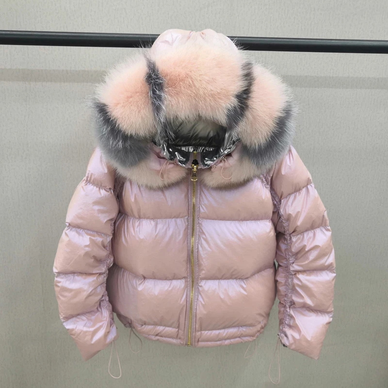 

Winter Metal Pink Jacket Women Glossy Down Parkas Big Fur Collar Women Both Two Side Can Wear Warm Thick Parka Female Short Coat