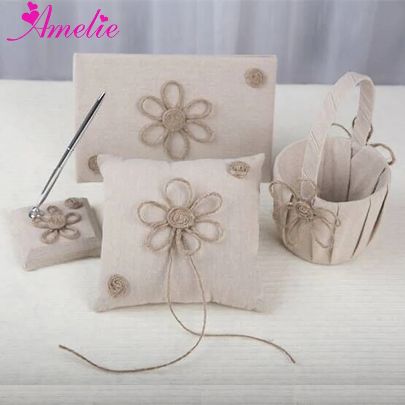 

New Western Style Linen Material Wedding Ring Pillow Flower Basket Guestbook and Penholder Hemp Rope Flower Wedding Set