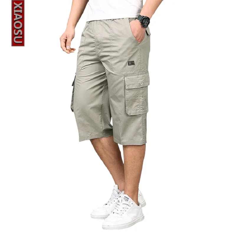 

Summer Men's Tactical Pants Cotton Military Cargo Pants Men Elastic Waist Pockets Casual Capri Pants Cropped Trousers Army Green