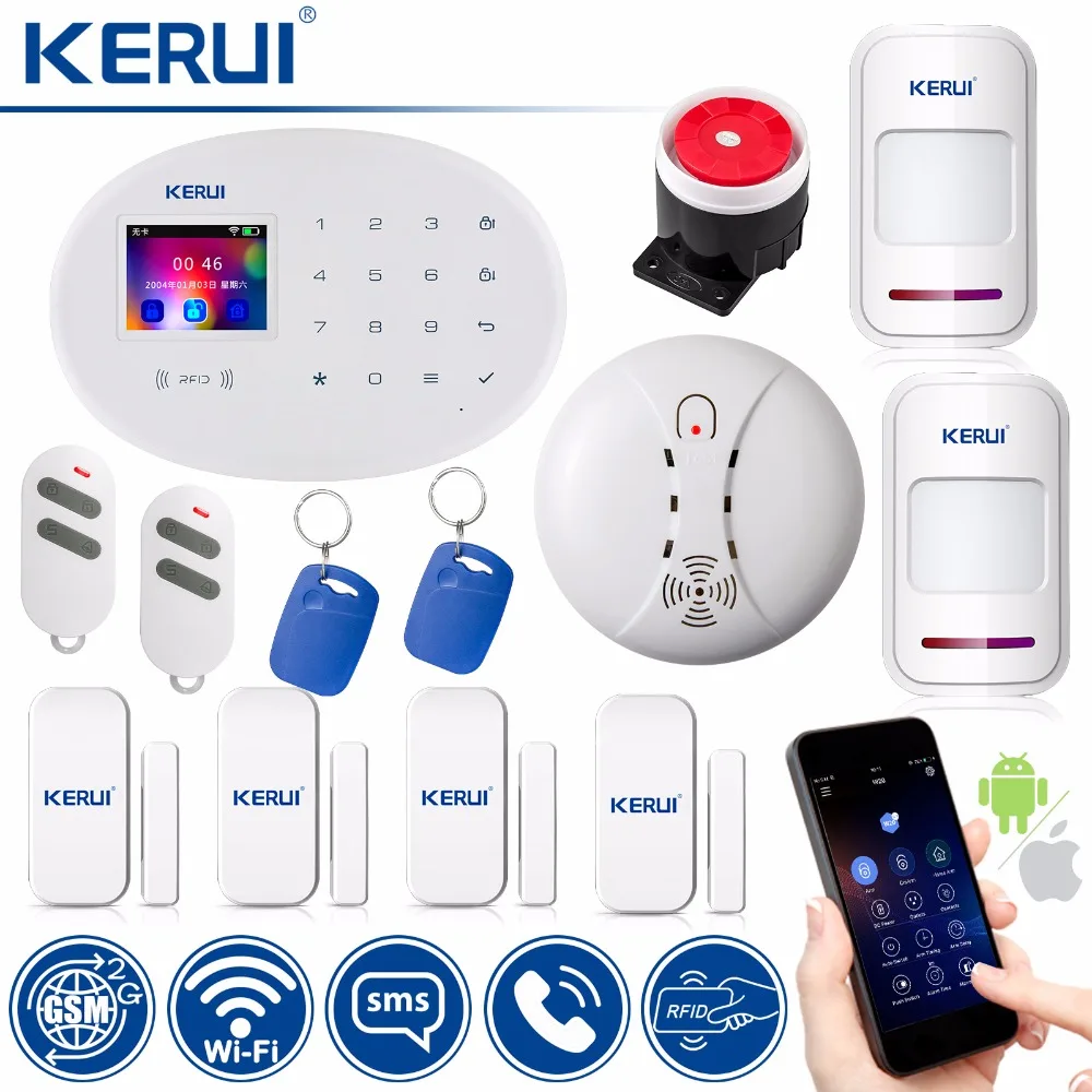 KERUI Wi Fi GSM дома охранной сигнализации системы RFID карты 2,4 дюймов TFT сенсорная панель приложение управление движения Охранная сигнализация с