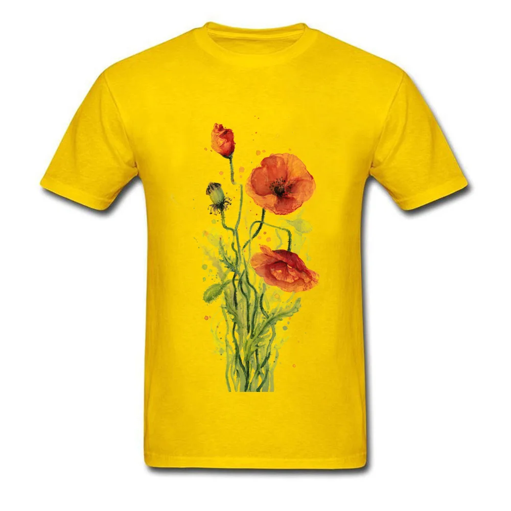 100% Cotton Young Short Sleeve Red Poppies Watercolor T-Shirt Summer Tops Shirt Plain Crazy Crew Neck Tee-Shirts Red Poppies Watercolor yellow