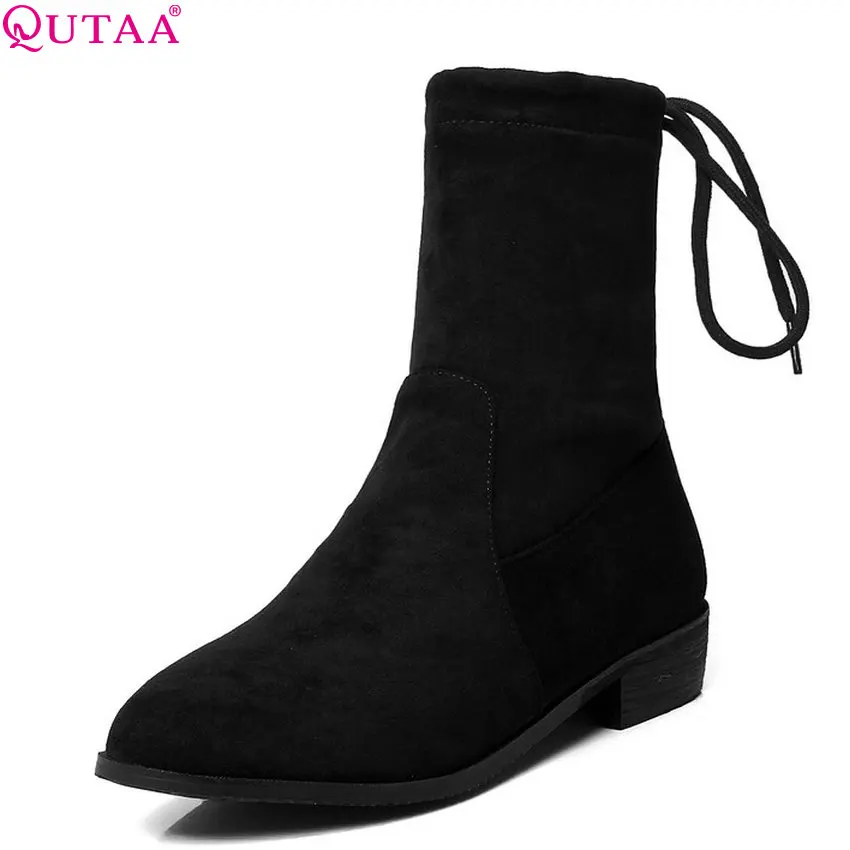 

QUTAA 2019 Women Ankle Boots Sock Boots Platform Slip on All Match Square Heel Winter Boots Women Motocycle Boots Big Size 34-43