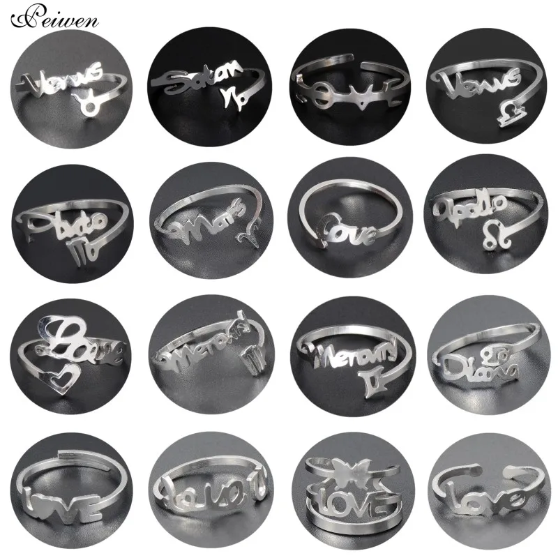 

2019 Fashion Vintage Initial Letter Ring Stainless Steel Silver Color Cuff Wedding Band Ring For Women Men Jewelry Open Rings