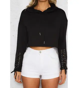 

2017 Hooded Sweatshirt New Ladies Crop Hoodie Women Pullover Lace Up Top Casual Loose Short Hooded Shirt Top