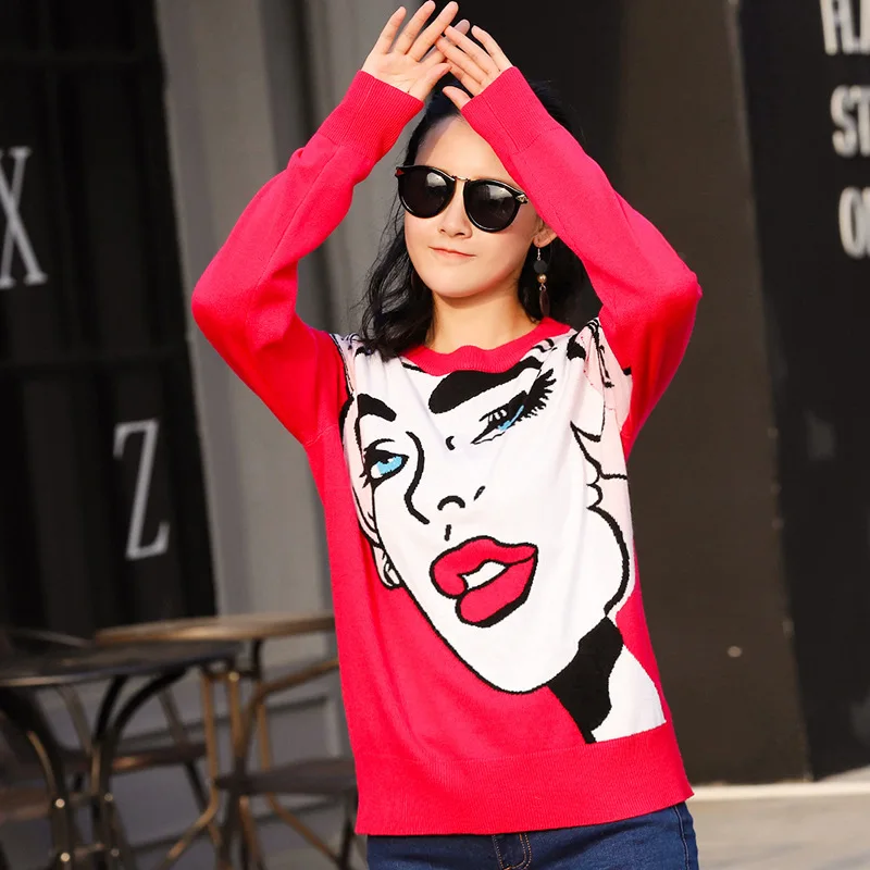In Early Spring 2019 Europe Station New Knitted Long Sleeve Beauty Red Lip Head Print Pattern Base Shirt Women In Early Spring 2019 Europe Station New Knitted Long Sleeve Beauty Red Lip Head Print Pattern Base Shirt Women