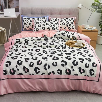 

Princess Style Pink Leopard High Quality Silk Cotton Reactive Printing Home Decoration 4 Pieces Bedding Set Duvet Cover Set