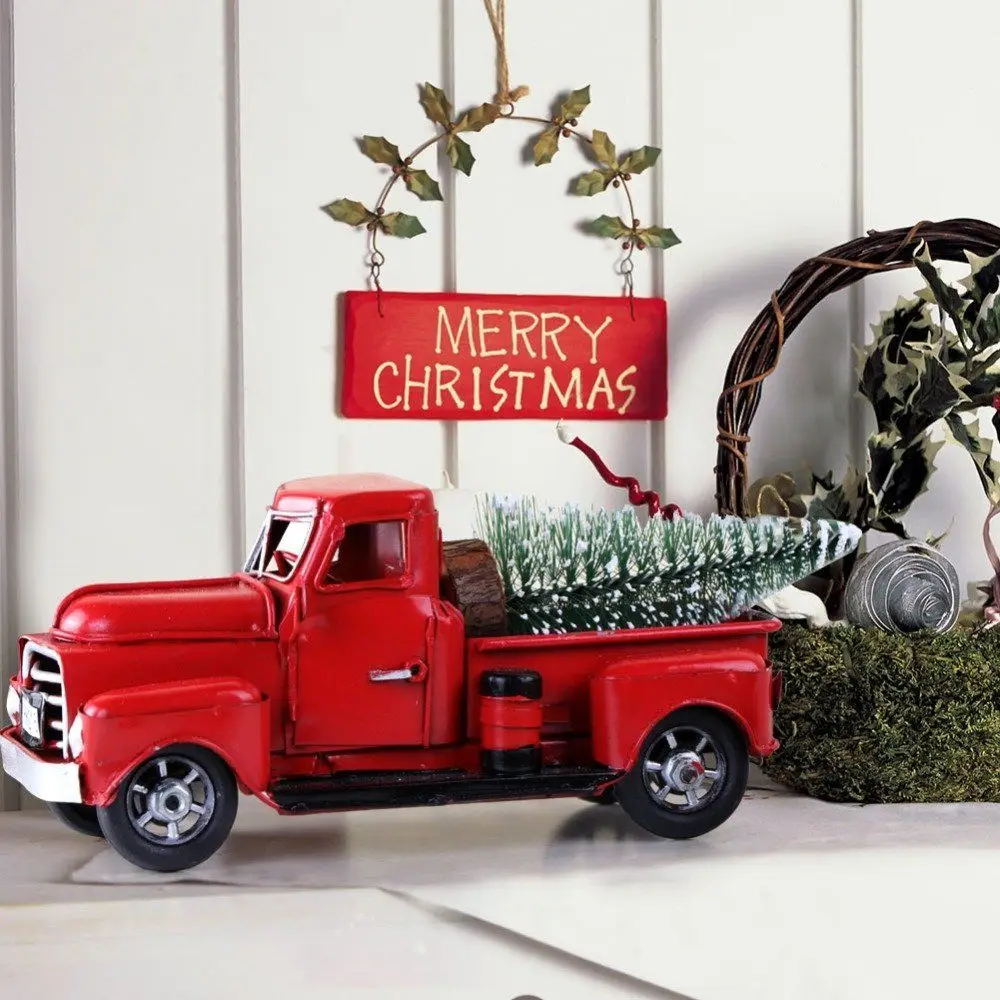 

Christmas Red Vintage Classic Car Handmade Tin Truck Model Travel Version Pickup Christmas Tree Decor New Year Kids Gift