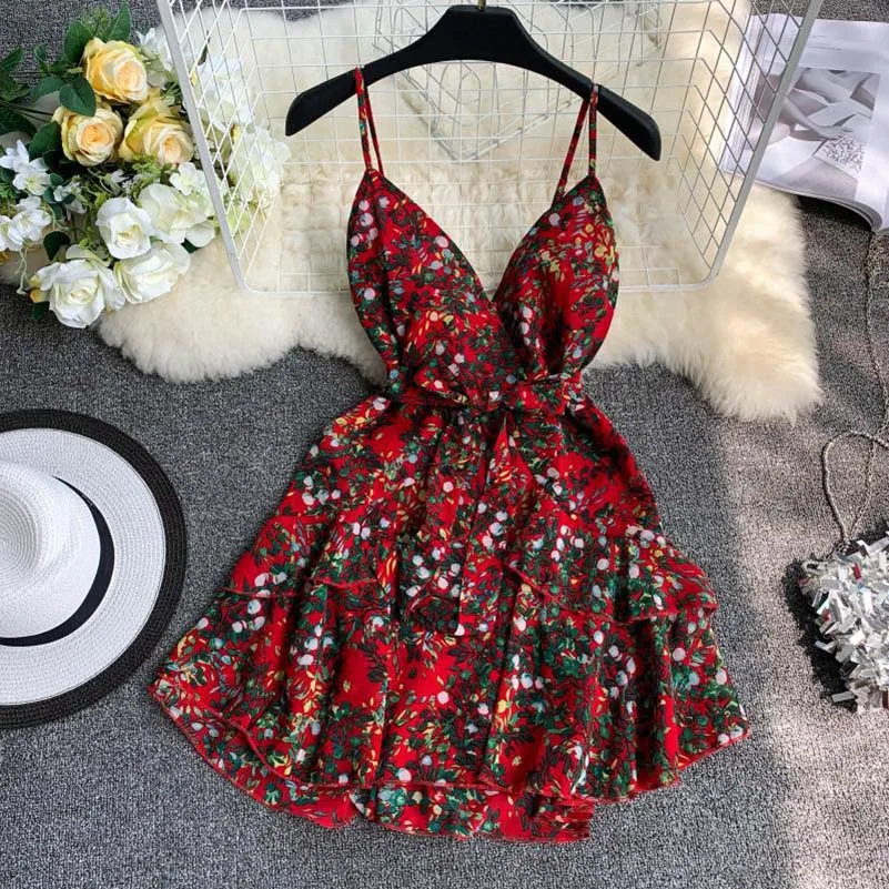 

Sexy V neck spaghetti dress retro flower print short dresses slim waist ruffles mini dresses chiffon vestidos Dress Sexy V-Colla