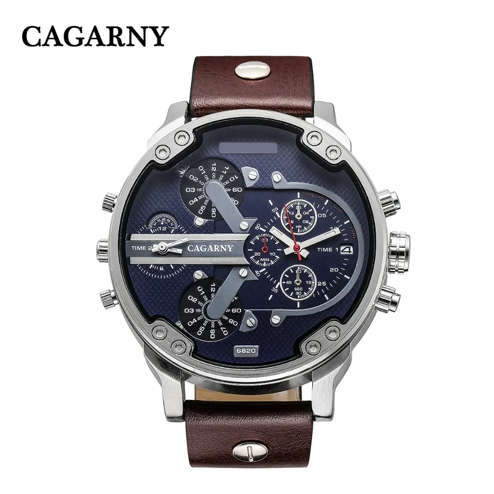 Классический большой чехол, аналоговые кварцевые часы для мужчин, роскошные брендовые Cagarny Dual Times Miltiary Relogio Masculino, черный кожаный ремешок, Saat
