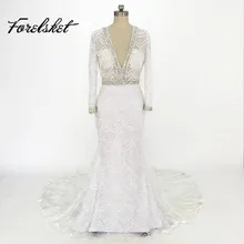 lace Wedding Dresses 2017 mermaid bridal gown full pearls and beads hand made deep V-neck custom size court train free shipping
