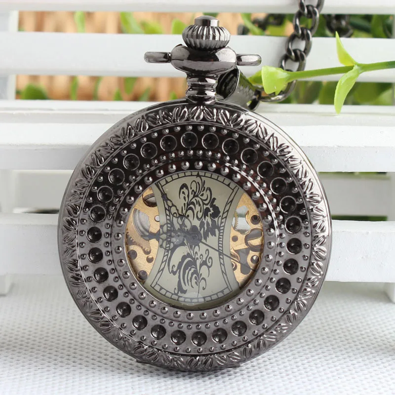 

Luxury Skeleton Black Retro Antique Skeleton Mechanical Pocket Watch Men Chain Necklace Business Pocket & Fob Watches TJX108