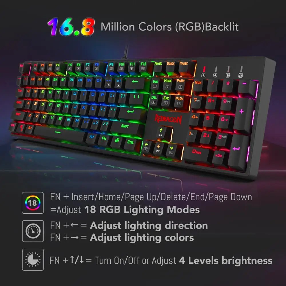 Механическая игровая клавиатура Redragon K582 SURARA RGB светодиодный с подсветкой с 104 клавишами-Линейные и тихие-красные переключатели быстрое включение