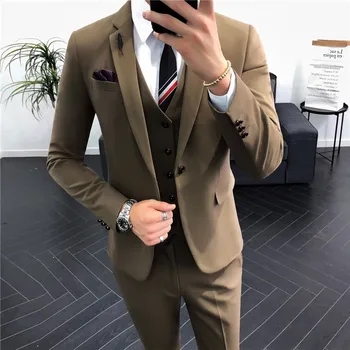 

Pure Color Mens Suits Size 3XL Slim Fit Male Suit Jacket with Vests and Pants New Fashion Men Wedding Suits High Quality Tuxedo
