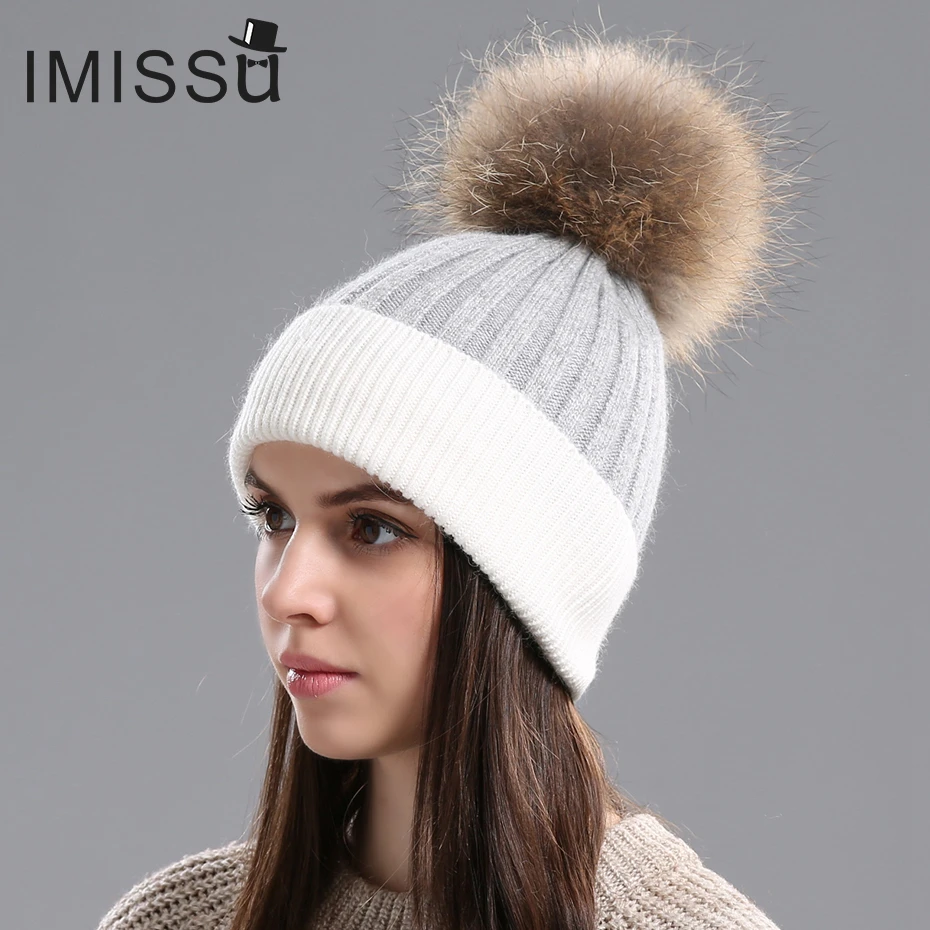 Женская зимняя шапка с помпоном из натурального меха енота|pom pom hat|pom hatswinter hats for