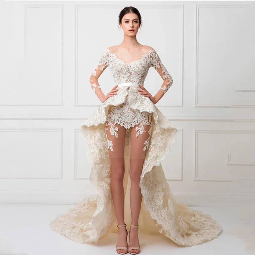 2017 Design Robe De Mariee V Neck Appliqued Lace Mini Length