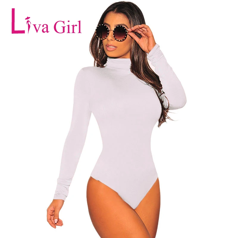 LIVA GIRL Women Sexy Warm Turtleneck Long Sleeve Bodycon Bodysuit 2019 Spring Autumn Mujer Jumpsuit Skinny Femme Bodysuits White