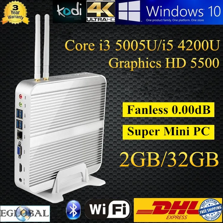 Fanless HTPC Smart Computer installed Intel Core i5 4200U 1.6GHz Max 2.6GHz 2GB DDR3 32GB SSD Mini Desktop PC DHL Free Shipping