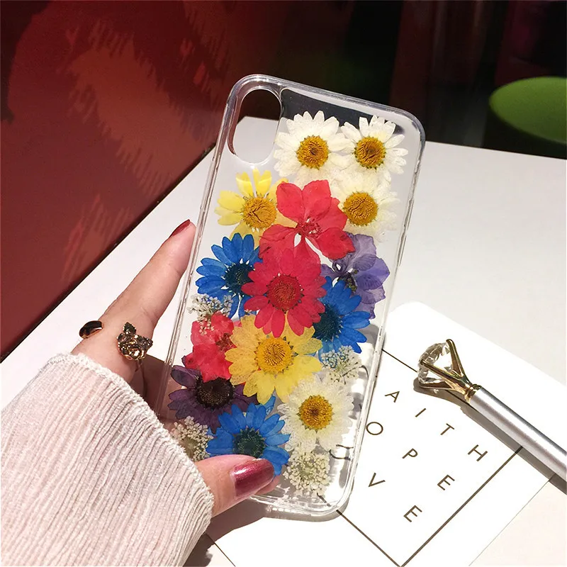 

Dried Real Flower Handmade Clear Phone Case For iPhone X Case 6 7 6s 8Plus Xs Max XR DIY flower Transparent Soft TPU Back Cover
