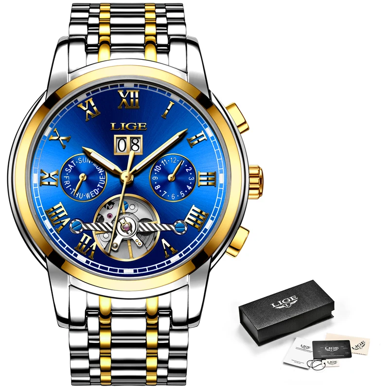 LIGE Mens Business Mechanical Watches Men's Brand Luxury Waterproof Automatic Watch Men All Steel Date Week Tourbillon Clock+Box