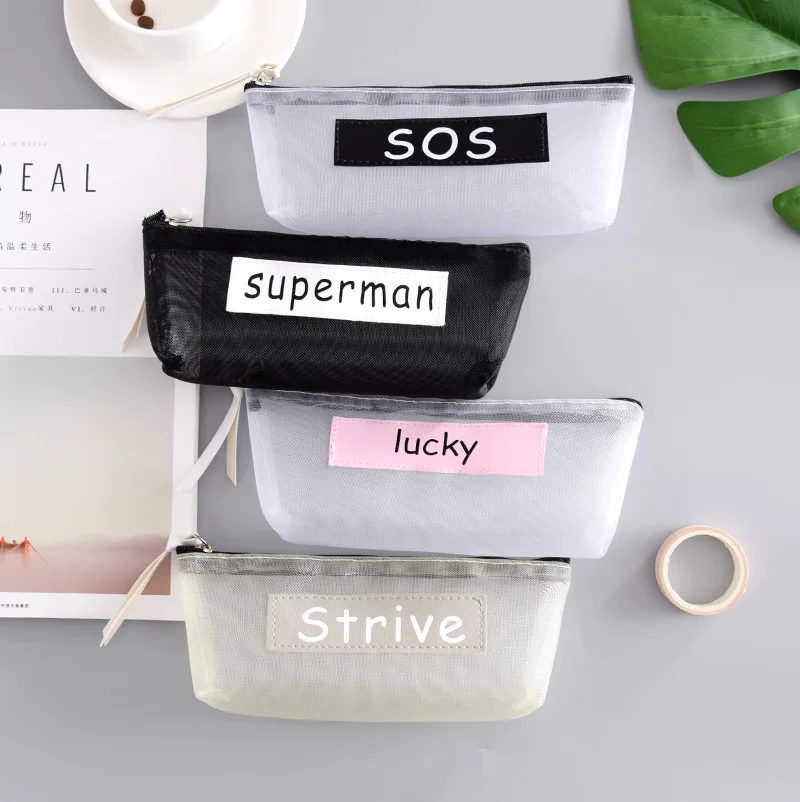 1pc Transparent Nylon Mesh Pencil Bag Simple Pen Pouch Zipper