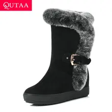 QUTAA/ г. Зимние сапоги модные повседневные сапоги до середины икры на платформе с круглым носком, с пряжкой, с теплым мехом, на нескользящей плоской подошве размер 34-40