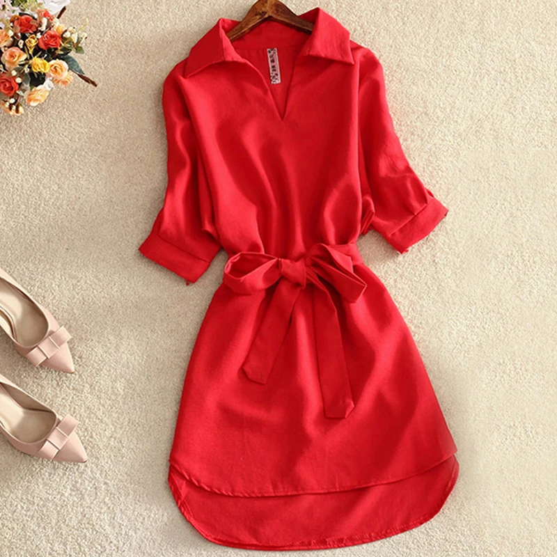 Женские рубашки, летние повседневные платья, модные офисные Женские однотонные красные шифоновые платья для женщин, туника с поясом, женские платья - Цвет: red