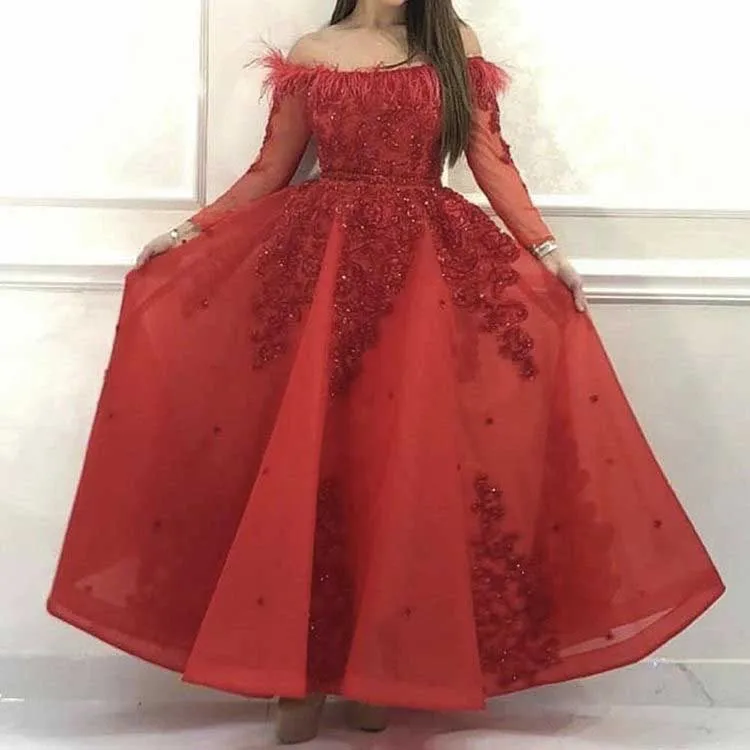 Простое, но элегантное платье с вырезом "лодочка" с аппликацией расшитый кружевом жемчуг Камни с длинными рукавами красное, в пол платья с перьями для выпускного вечера