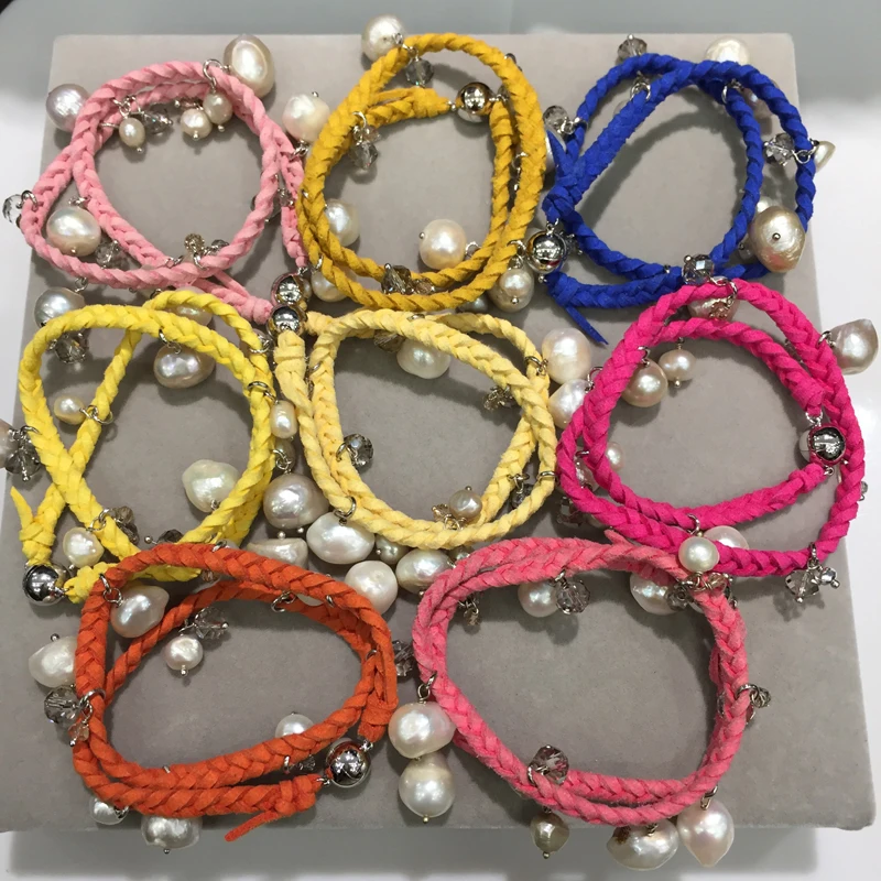 

yellow pink blue orange vivid color Baroque Natural Fresh water Pearl Bracelet Charms with crystal leather bracelet Casual