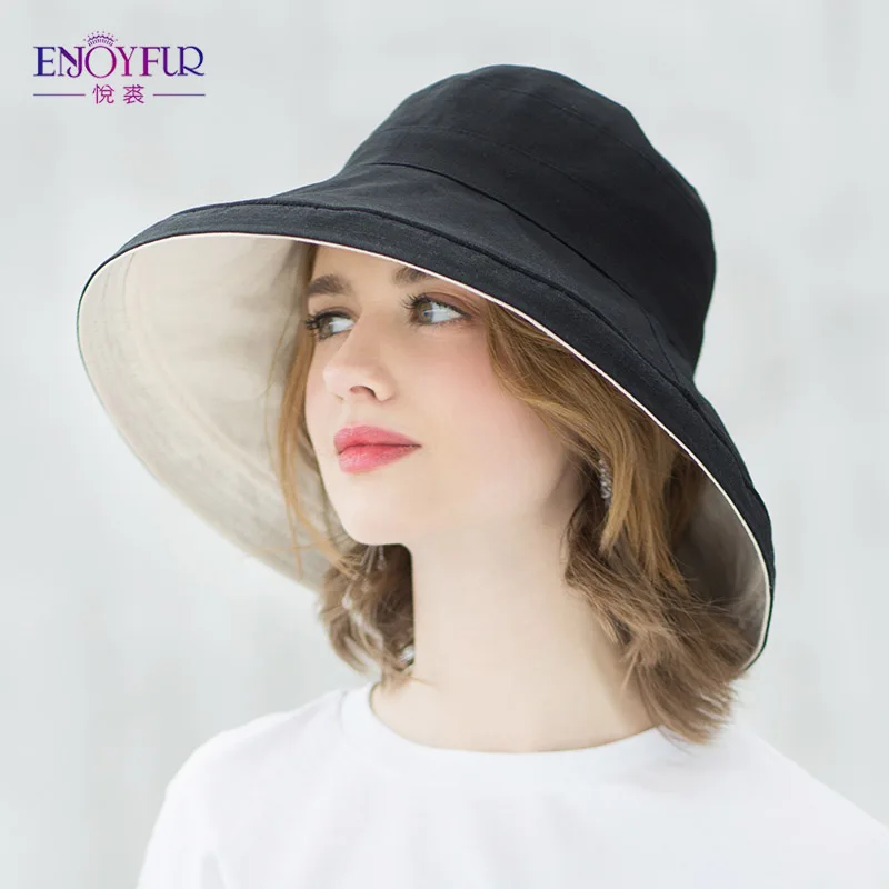 

ENJOYFUR Women's Cotton Summer Beach Sun Hat with Wide Brim Bucket Hats For Women Foldable Girl Caps For Travel High Quality