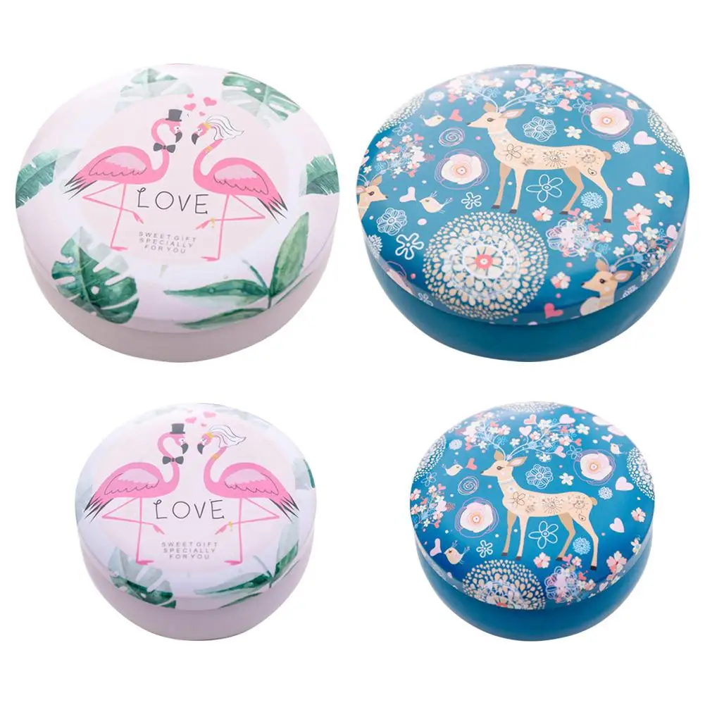 

Flamingos Pattern Round Jewelry Storage Case Elk Style Small Items Box Metal Mini Girls Gifts Collecting Container Organizer