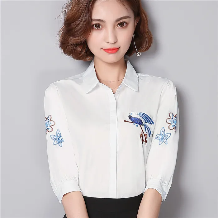 

New embroidery Long sleeve Women Clothing Ladies White turn down collar Lace Blouse autumn Female blouses women tops blusas 84i