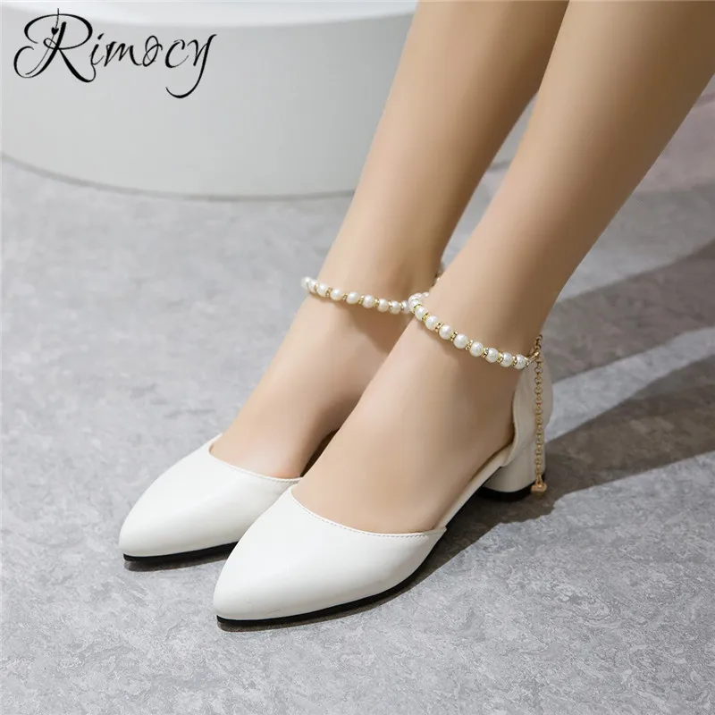 

Rimocy fashion bead chain single shoes woman new comfortable 3.5cm square heels working shoes party shoes ladies elegant sandals