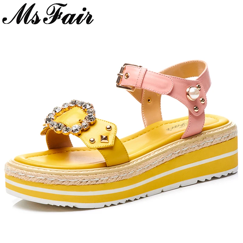 

MsFair Round Toe Wedges Women Sandals Fashion Buckle Rivet High Heels Sandalias Mujer Pearl Crystal Sandales Femme 2018 Nouveau