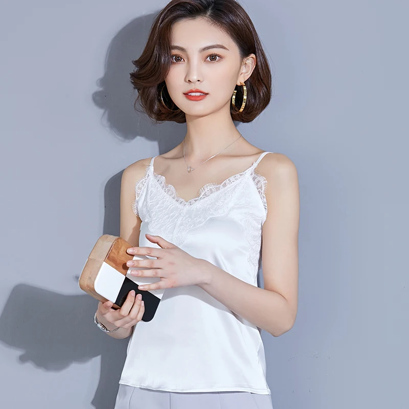 Женские сексуальные Camis новые модные женские атласный жилет без рукавов женские сексуальные кружевные топы с v-образным вырезом