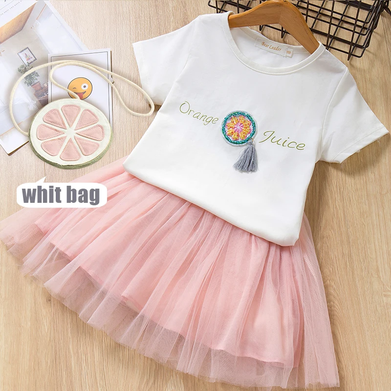 Bear leader/комплекты одежды для девочек коллекция года, летние детские платья белая футболка+ короткая юбка+ маленькая сумочка, комплект из 3 предметов Брендовая детская одежда - Цвет: pink ax1006 with bag
