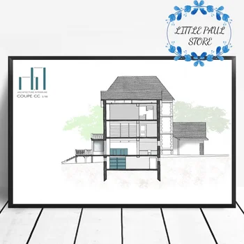 

Blue House Blueprint Collection Art Canvas Poster Wall Picture for Living Room No Frame