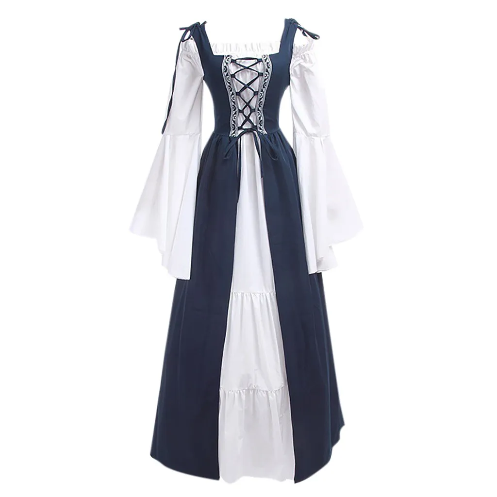 Женское Бандажное корсетное винтажное платье в стиле ренессанс с длинным рукавом и квадратным воротником, вечерние платья в стиле пэчворк - Цвет: Тёмно-синий