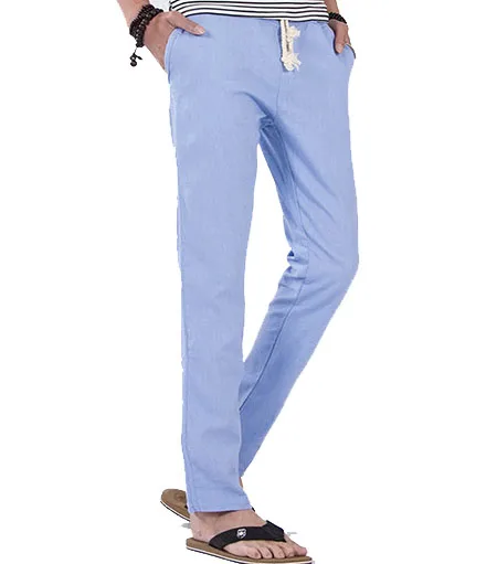 Для мужчин; летние штаны Для мужчин антимикробные здоровый белье брюки конопли хлопок Повседневное брюки дышащий тонкий лен Для мужчин брюки CK110 - Цвет: Sky Blue