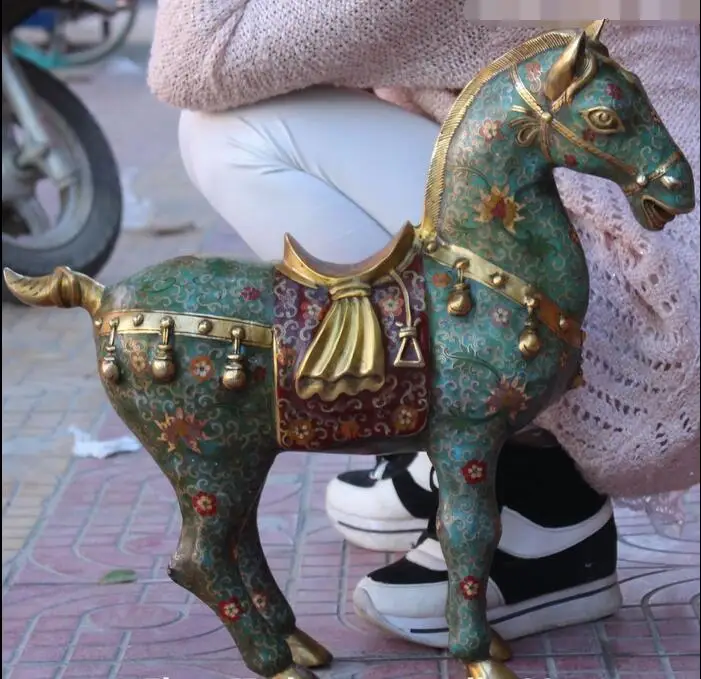 

20" Marked Chinese Cloisonne Enamel Gilt Carving Horse Horses Animal Statue