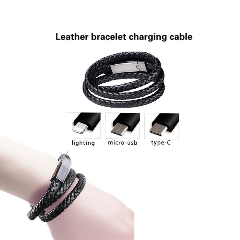 

Travel Fast USB Phone Charging cable Unisex Punk Rubber Braided Leather Stainless Steel Magnetic Clasp Bracelet Charger Cable