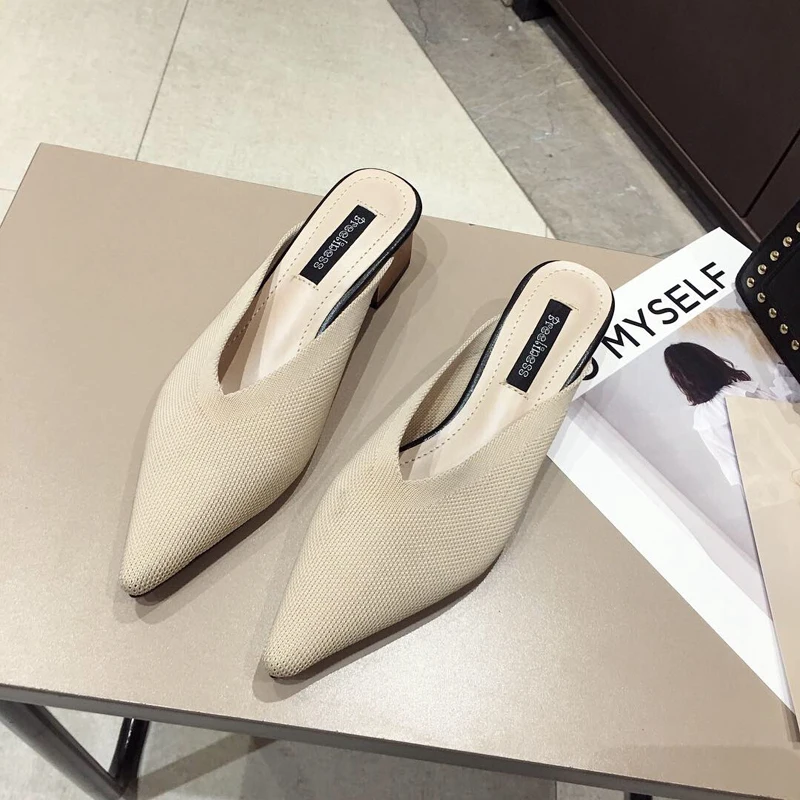 Wellwalk/женские туфли без задника на квадратном каблуке 3 см; однотонные; с острым носком; женские модельные тапочки; домашние женские туфли-лодочки - Цвет: Бежевый