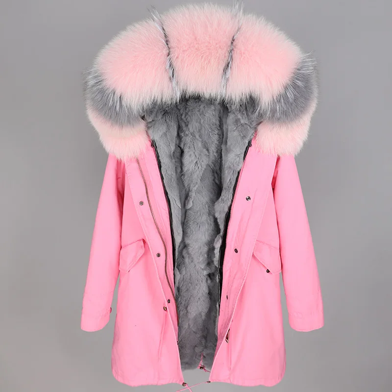 Maomaokong2018 модная женская одежда натуральный кролик мех трава лайнер парка пальто натуральный Лисий меховой воротник зимняя куртка длинная куртка - Цвет: long-4