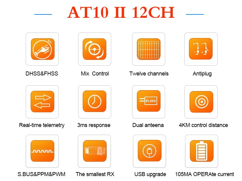 Радиоприемник AT10 II 2,4 ГГц 12CH пульт дистанционного управления с R12DS приемником для радиоуправляемого квадрокоптера вертолет игрушки